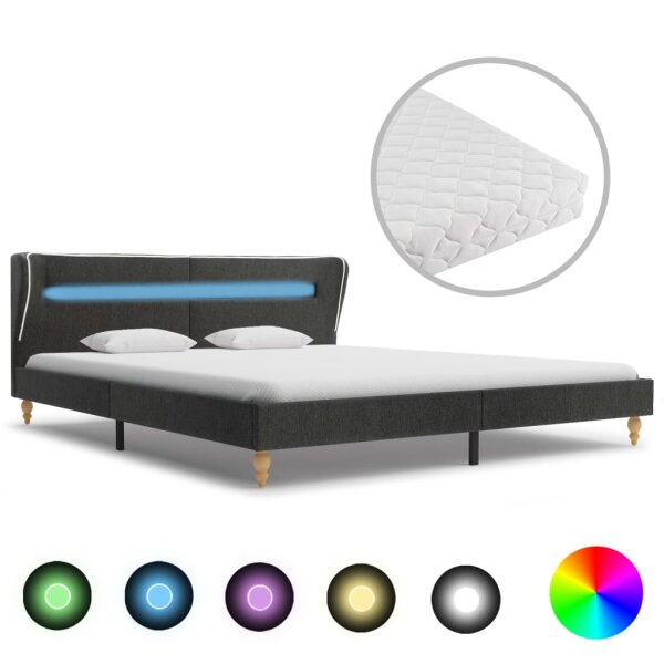 vidaXL Bett mit LED und Matratze Dunkelgrau Sackleinen 180 x 200 cm