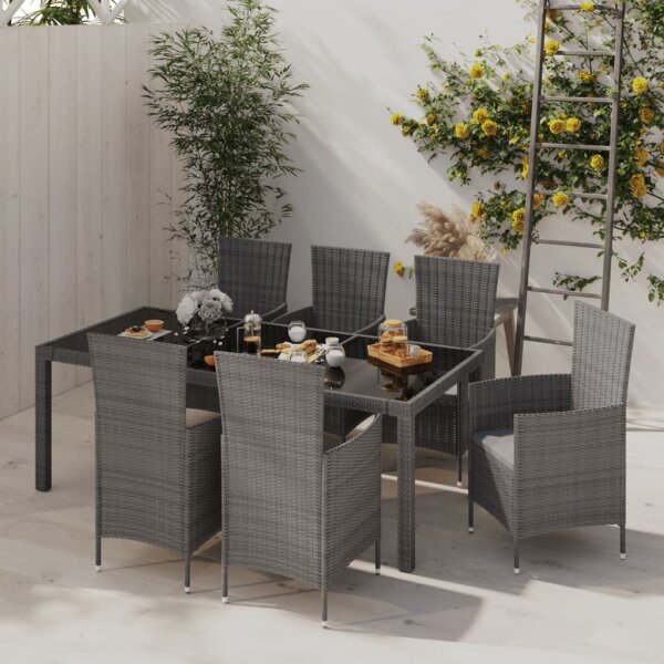 vidaXL 7-tlg. Garten-Essgruppe mit Kissen Poly Rattan Grau