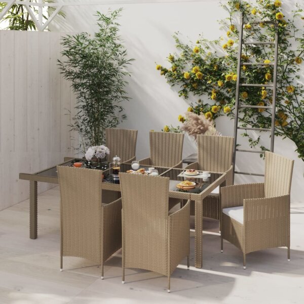 vidaXL 7-tlg. Garten-Essgruppe mit Kissen Poly Rattan Beige