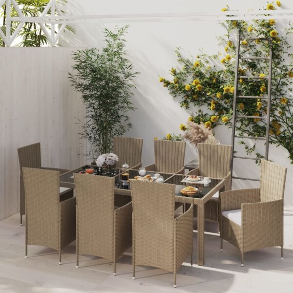 vidaXL 9-tlg. Garten-Essgruppe mit Kissen Poly Rattan Beige