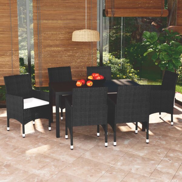 vidaXL 7-tlg. Garten-Essgruppe mit Kissen Poly Rattan Schwarz