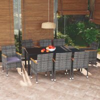 vidaXL 9-tlg. Garten-Essgruppe mit Kissen Poly Rattan Grau