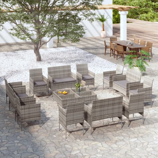 vidaXL 16-tlg. Garten-Lounge-Set mit Auflagen Poly Rattan Grau