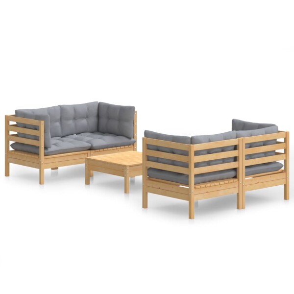 vidaXL 5-tlg. Garten-Lounge-Set mit Grauen Kissen Kiefernholz