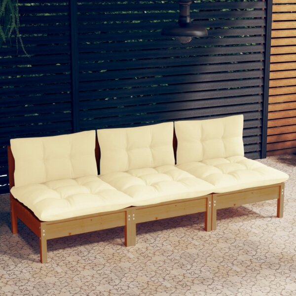 vidaXL 3-Sitzer-Gartensofa mit Creme Kissen Massivholz Kiefer