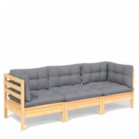 vidaXL 3-Sitzer-Gartensofa mit Grauen Kissen Massivholz Kiefer