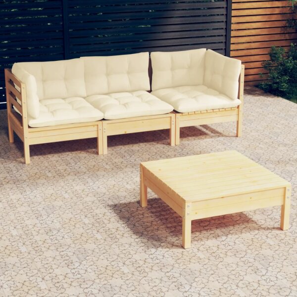 vidaXL 4-tlg. Garten-Lounge-Set mit Creme Kissen Kiefernholz