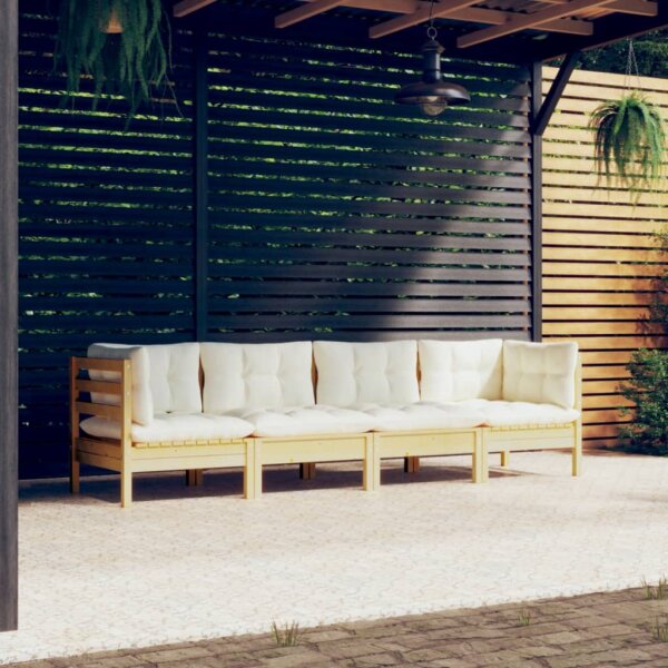 vidaXL 4-tlg. Garten-Lounge-Set mit Creme Kissen Massivholz Kiefer