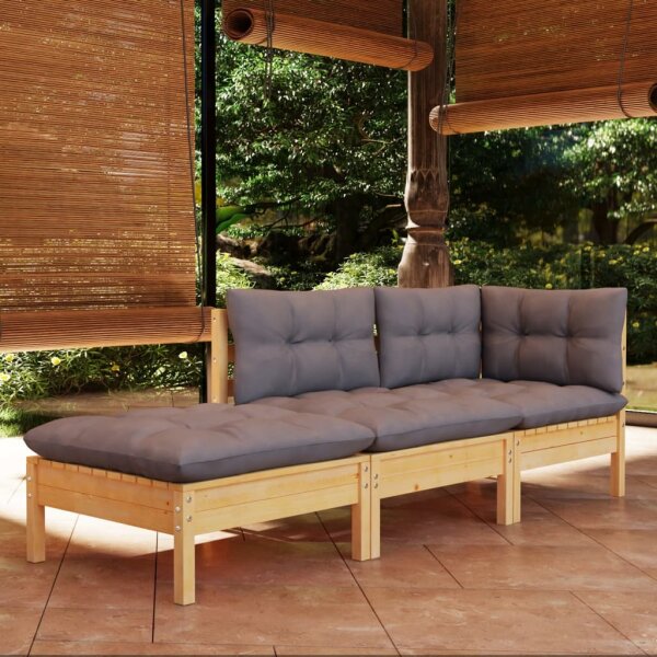 vidaXL 3-tlg. Garten-Lounge-Set mit Grauen Kissen Kiefer Massivholz