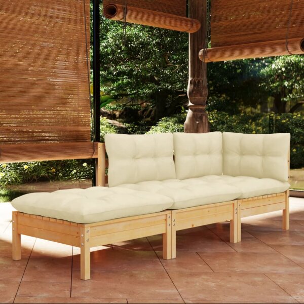 vidaXL 3-tlg. Garten-Lounge-Set mit Creme Kissen Massivholz Kiefer