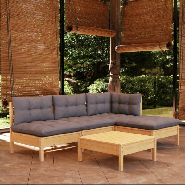 vidaXL 5-tlg. Garten-Lounge-Set mit Grauen Kissen Kiefernholz