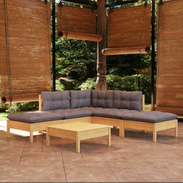 vidaXL 6-tlg. Garten-Lounge-Set mit Grauen Kissen Kiefernholz