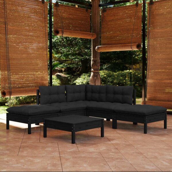 vidaXL 6-tlg. Garten-Lounge-Set mit Kissen Schwarz Kiefernholz