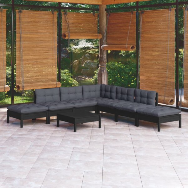 vidaXL 8-tlg. Garten-Lounge-Set mit Kissen Schwarz Kiefernholz