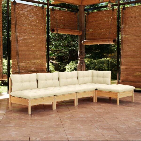 vidaXL 5-tlg. Garten-Lounge-Set mit Creme Kissen Kiefernholz