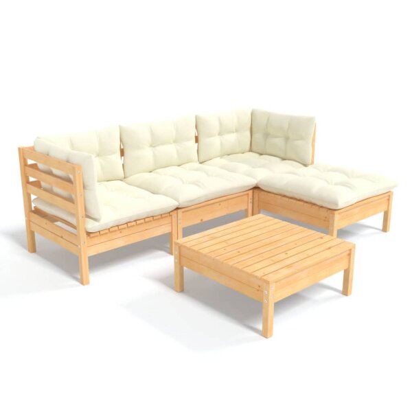 vidaXL 5-tlg. Garten-Lounge-Set mit Creme Kissen Kiefernholz