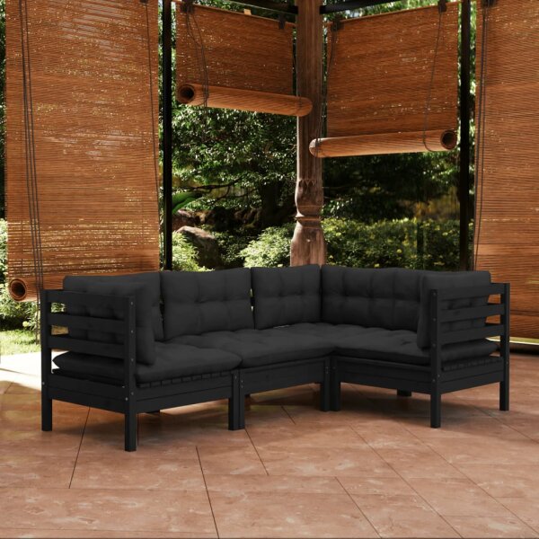 vidaXL 4-tlg. Garten-Lounge-Set mit Kissen Schwarz Kiefernholz