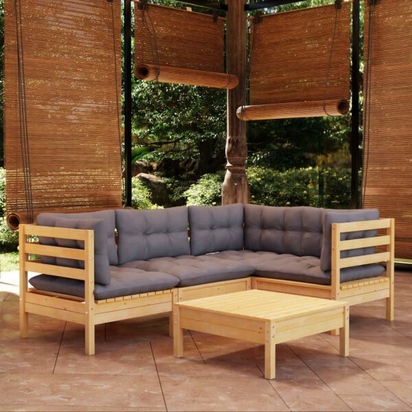 vidaXL 5-tlg. Garten-Lounge-Set mit Grauen Kissen Kiefernholz