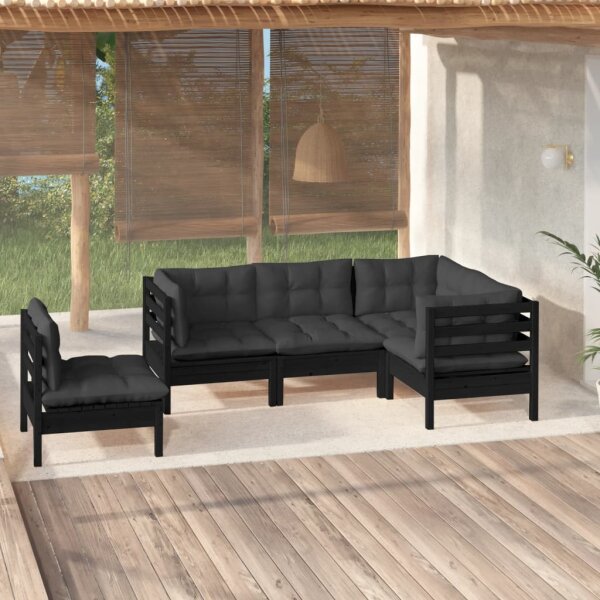 vidaXL 5-tlg. Garten-Lounge-Set mit Kissen Schwarz Kiefernholz