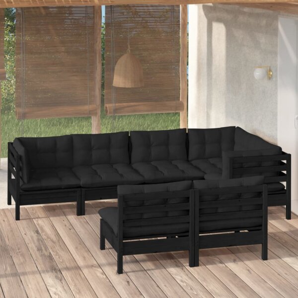 vidaXL 7-tlg. Garten-Lounge-Set mit Kissen Schwarz Kiefer Massivholz