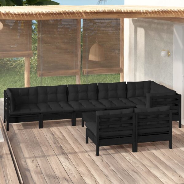 vidaXL 9-tlg. Garten-Lounge-Set mit Kissen Schwarz Massivholz Kiefer