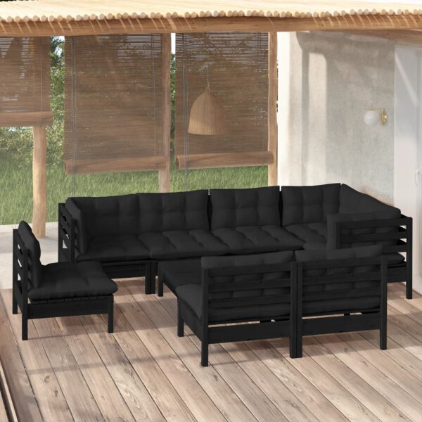 vidaXL 9-tlg. Garten-Lounge-Set mit Kissen Schwarz Massivholz Kiefer