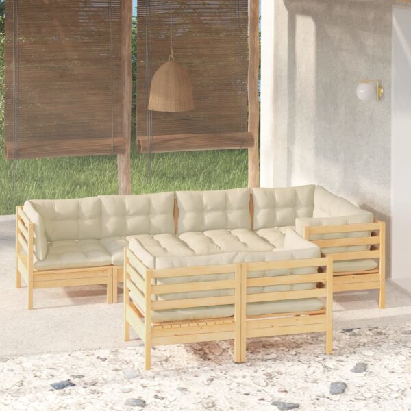 vidaXL 7-tlg. Garten-Lounge-Set mit Creme Kissen Massivholz Kiefer