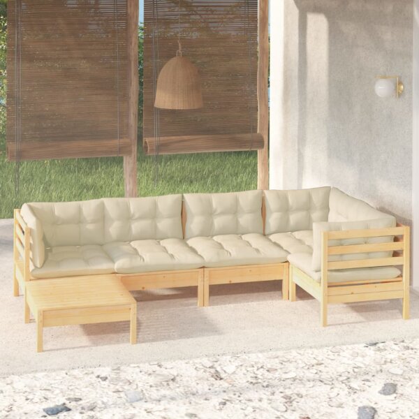 vidaXL 6-tlg. Garten-Lounge-Set mit Creme Kissen Massivholz Kiefer