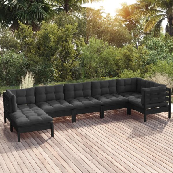 vidaXL 7-tlg. Garten-Lounge-Set mit Kissen Schwarz Massivholz Kiefer