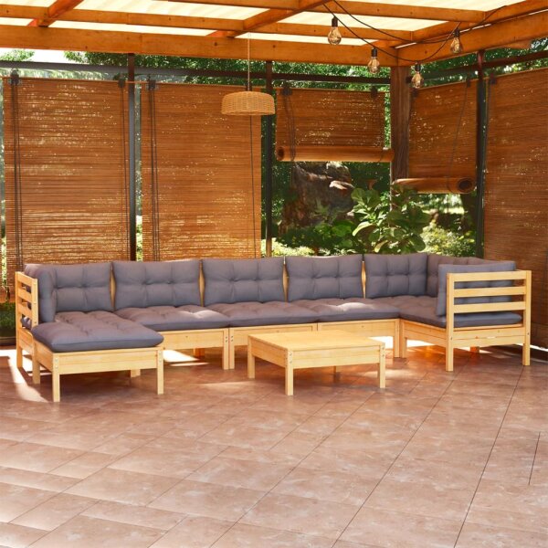 vidaXL 8-tlg. Garten-Lounge-Set mit Grauen Kissen Kiefer Massivholz