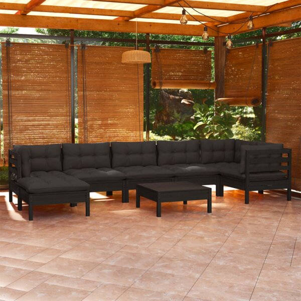 vidaXL 8-tlg. Garten-Lounge-Set mit Kissen Schwarz Kiefer Massivholz