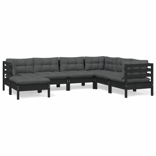 vidaXL 7-tlg. Garten-Lounge-Set mit Kissen Schwarz Massivholz Kiefer