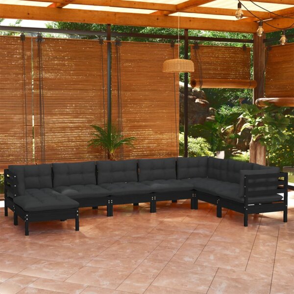 vidaXL 8-tlg. Garten-Lounge-Set mit Kissen Schwarz Massivholz Kiefer