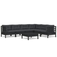 vidaXL 7-tlg. Garten-Lounge-Set mit Kissen Schwarz Massivholz Kiefer