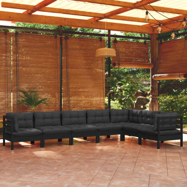 vidaXL 7-tlg. Garten-Lounge-Set mit Kissen Schwarz Kiefer Massivholz