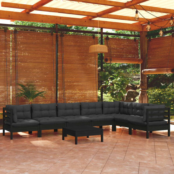 vidaXL 8-tlg. Garten-Lounge-Set mit Kissen Schwarz Massivholz Kiefer