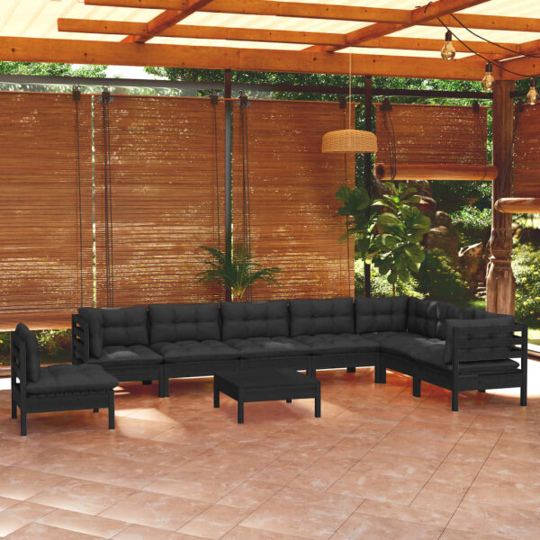 vidaXL 9-tlg. Garten-Lounge-Set mit Kissen Schwarz Massivholz Kiefer