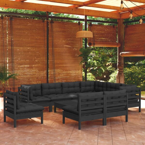 vidaXL 10-tlg. Garten-Lounge-Set mit Kissen Schwarz Massivholz Kiefer