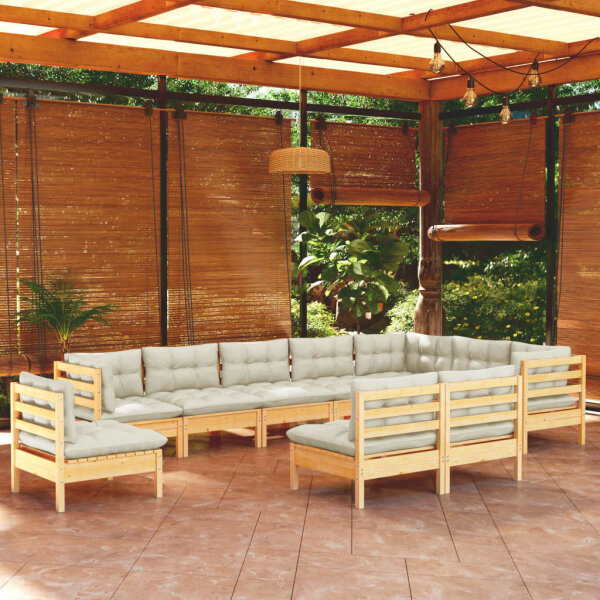 vidaXL 10-tlg. Garten-Lounge-Set mit Creme Kissen Massivholz Kiefer