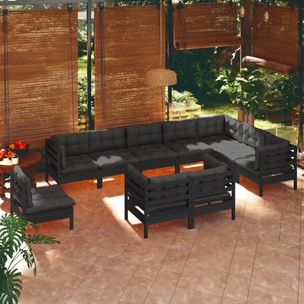 vidaXL 10-tlg. Garten-Lounge-Set mit Kissen Schwarz Massivholz Kiefer