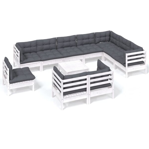 vidaXL 11-tlg. Garten-Lounge-Set mit Kissen Wei&szlig; Kiefer Massivholz