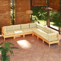 vidaXL 7-tlg. Garten-Lounge-Set mit Creme Kissen Massivholz Kiefer