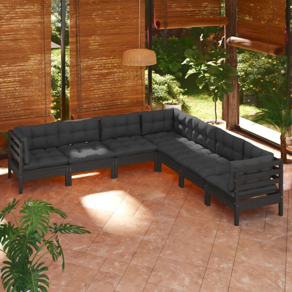 vidaXL 7-tlg. Garten-Lounge-Set mit Kissen Schwarz Kiefer Massivholz