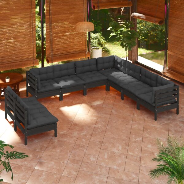 vidaXL 9-tlg. Garten-Lounge-Set mit Kissen Schwarz Massivholz Kiefer