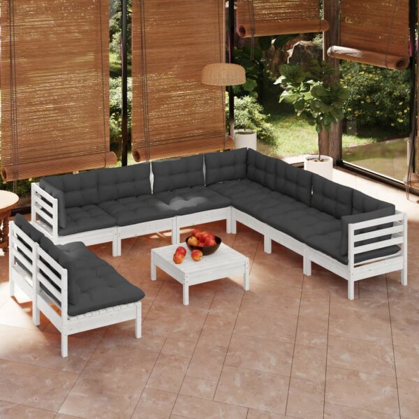 vidaXL 10-tlg. Garten-Lounge-Set mit Kissen Wei&szlig; Massivholz Kiefer