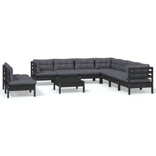 vidaXL 10-tlg. Garten-Lounge-Set mit Kissen Schwarz Massivholz Kiefer