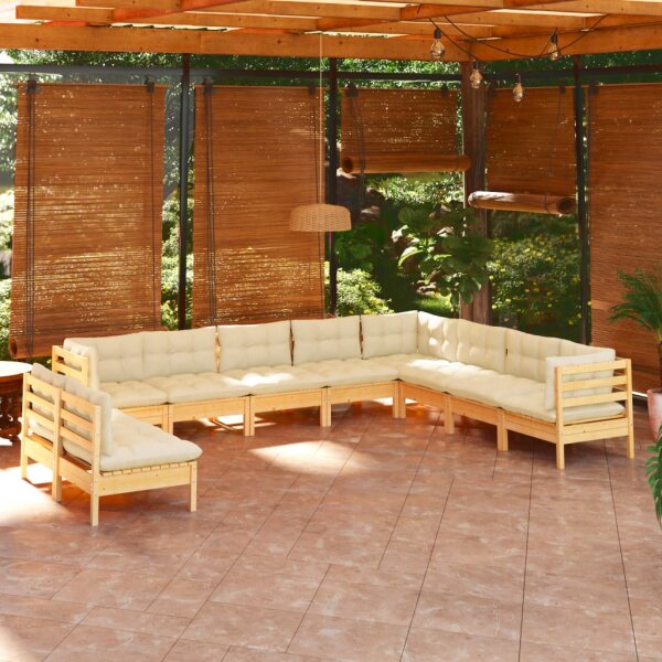 vidaXL 10-tlg. Garten-Lounge-Set mit Creme Kissen Massivholz Kiefer