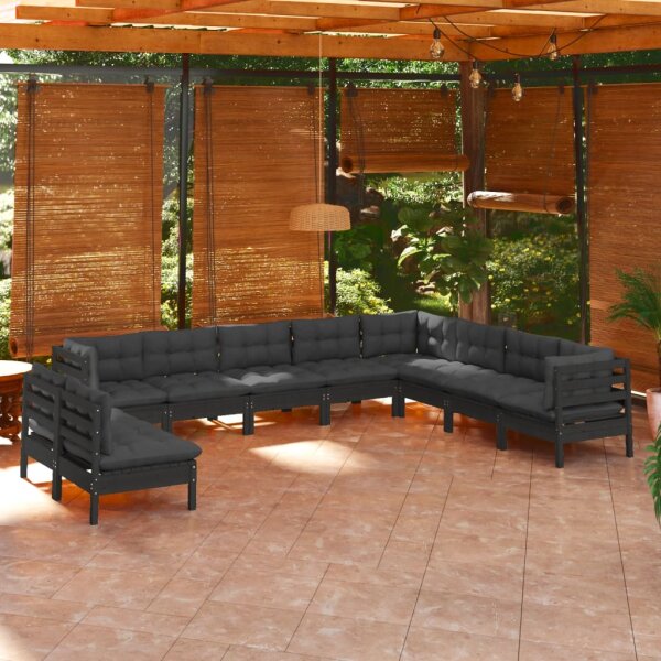 vidaXL 10-tlg. Garten-Lounge-Set mit Kissen Schwarz Massivholz Kiefer