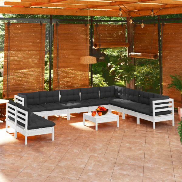 vidaXL 11-tlg. Garten-Lounge-Set mit Kissen Wei&szlig; Massivholz Kiefer