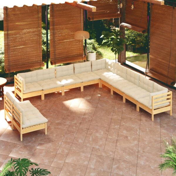 vidaXL 11-tlg. Garten-Lounge-Set mit Creme Kissen Massivholz Kiefer